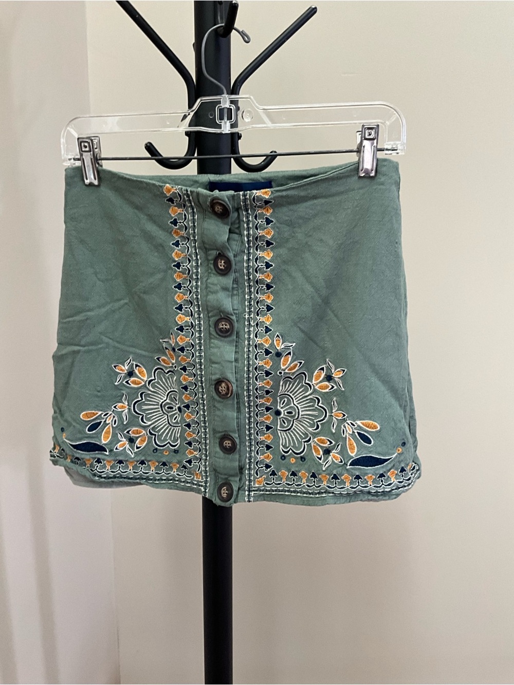 Blue Rain Sage Green Embroidered Button-Front Mini Skirt